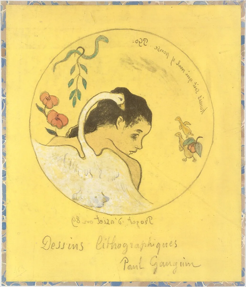 ("Leda") Design for a Plate: Shame on Those Who Evil Think (Honi Soit Qui Mal y Pense) ; cover illustration for the "Volpini Suite" entitled Lithographic Drawings (Dessins lithographiques) — Paul Gauguin