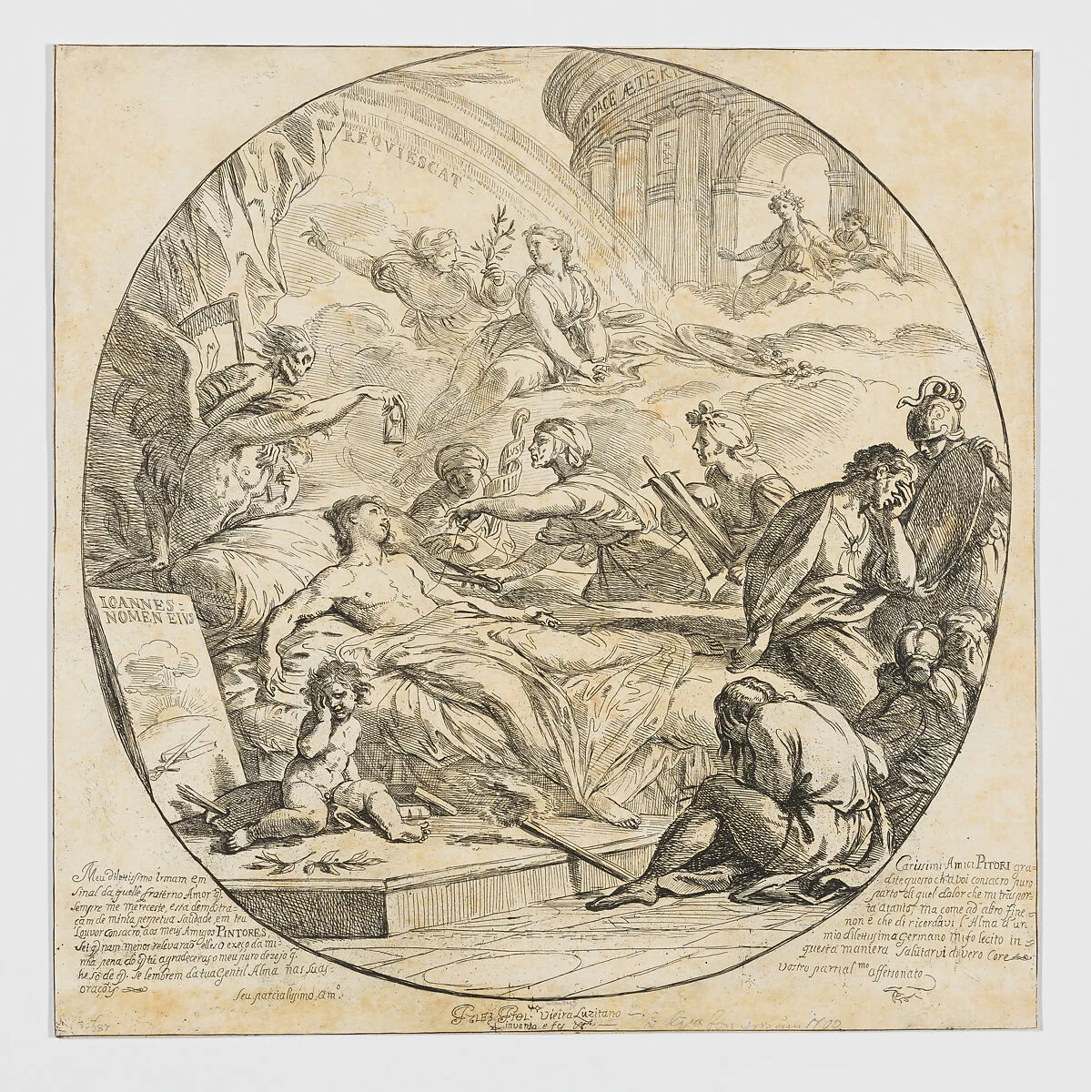 An allegorical composition relating to mortality(?), the three Fates surround a dying man (the artist's brother) — Francisco Vieira 'Lusitano'