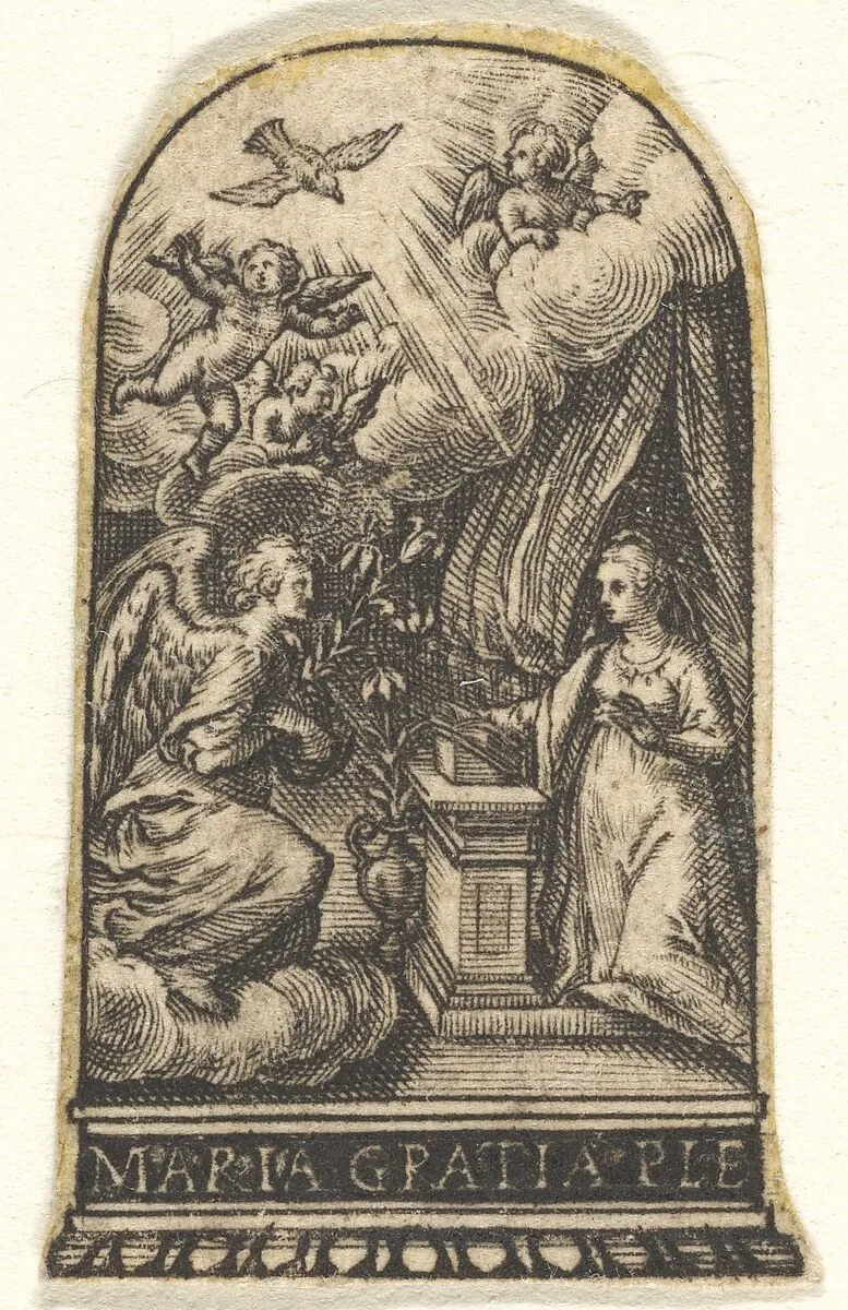 Annunciation, Mary kneels at a lectern as Gabriel approaches on a cloud from the left, with the dove of the Holy Spirit above, trimmed from an engraving showing decorations for thimbles — Johann Theodor de Bry