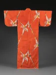 紅柿色地折鶴模様銘仙着物|Meisen Kimono with Origami Cranes (Orizuru) — Unknown