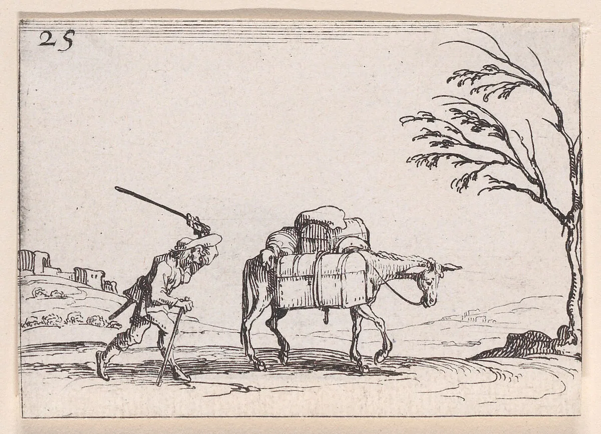 Le Paysan Frappant son Ane (The Peasant Striking his Donkey), from Lux Claustri ou La Lumière du Cloitre (The Light of the Cloisters), plate 25 — Jacques Callot|François Langlois