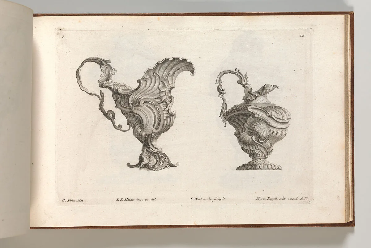 Designs for Two Ewers, Plate 3 from: 'Schöne und auf die neueste Facon inventierte Gefäße und Krüge' — I.S. Hildt|Jeremias Wachsmuth|Martin Engelbrecht