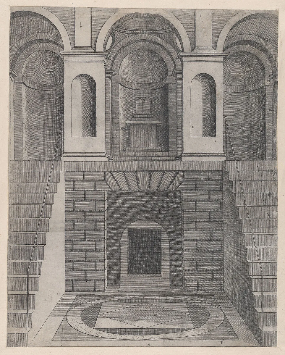 Speculum Romanae Magnificentiae: Interior, showing an underground chamber reached by two flights of stairs, one on each side; niches on the landing above. — Anonymous