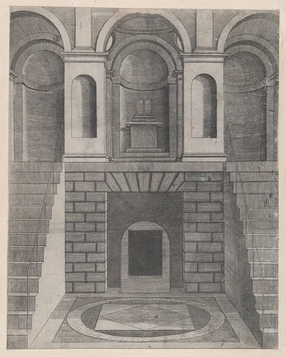Speculum Romanae Magnificentiae: Interior, showing an underground chamber reached by two flights of stairs, one on each side; niches on the landing above.