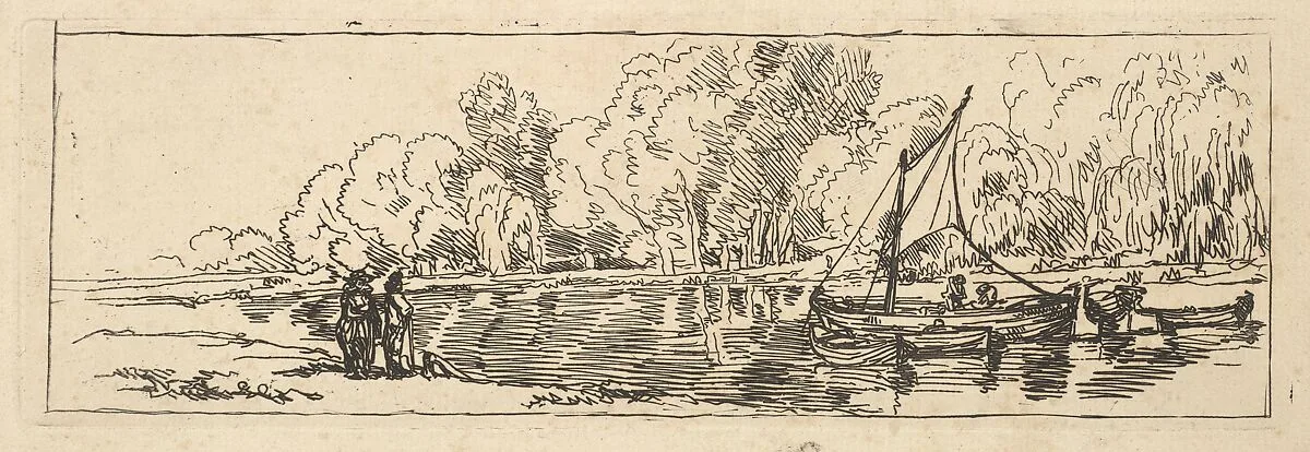 River or Pond Scene: a Sailboat and Dinghy with Figures on the Near Bank — Thomas Rowlandson