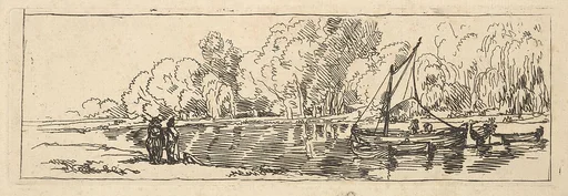 River or Pond Scene: a Sailboat and Dinghy with Figures on the Near Bank