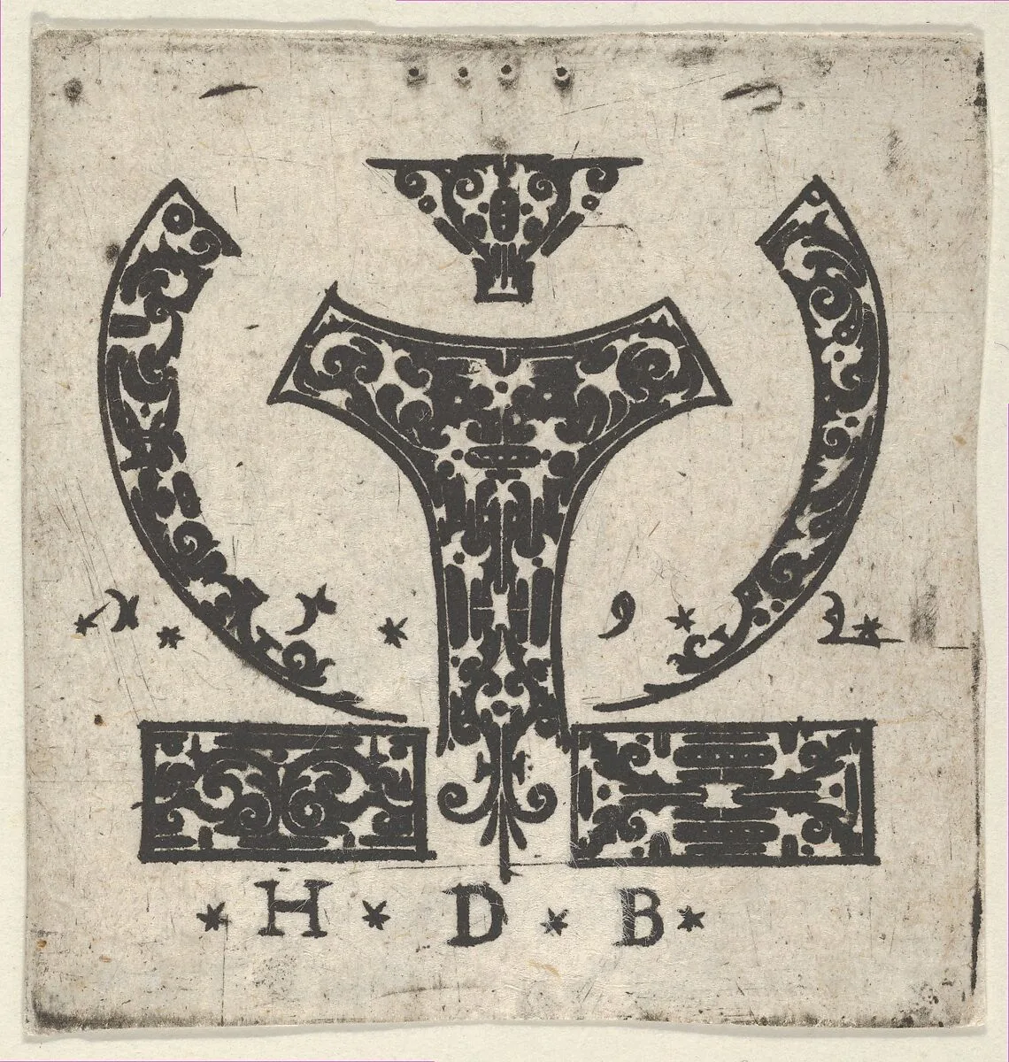 Blackwork Print with Two Horizontal Panels Below a Pair of Lunar-Shaped Fillets with Two Motifs at Center — Hans de Bull