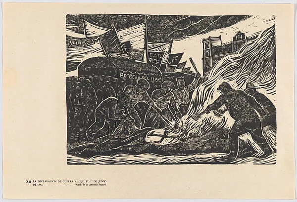 Plate 78: the declaration of war by Mexico on Germany, Italy, and Japan on 1 June 1942, from the portfolio 'Estampas de la revolución Mexicana' (prints of the Mexican Revolution) — Taller de Gráfica Popular|Juan Antonio Franco