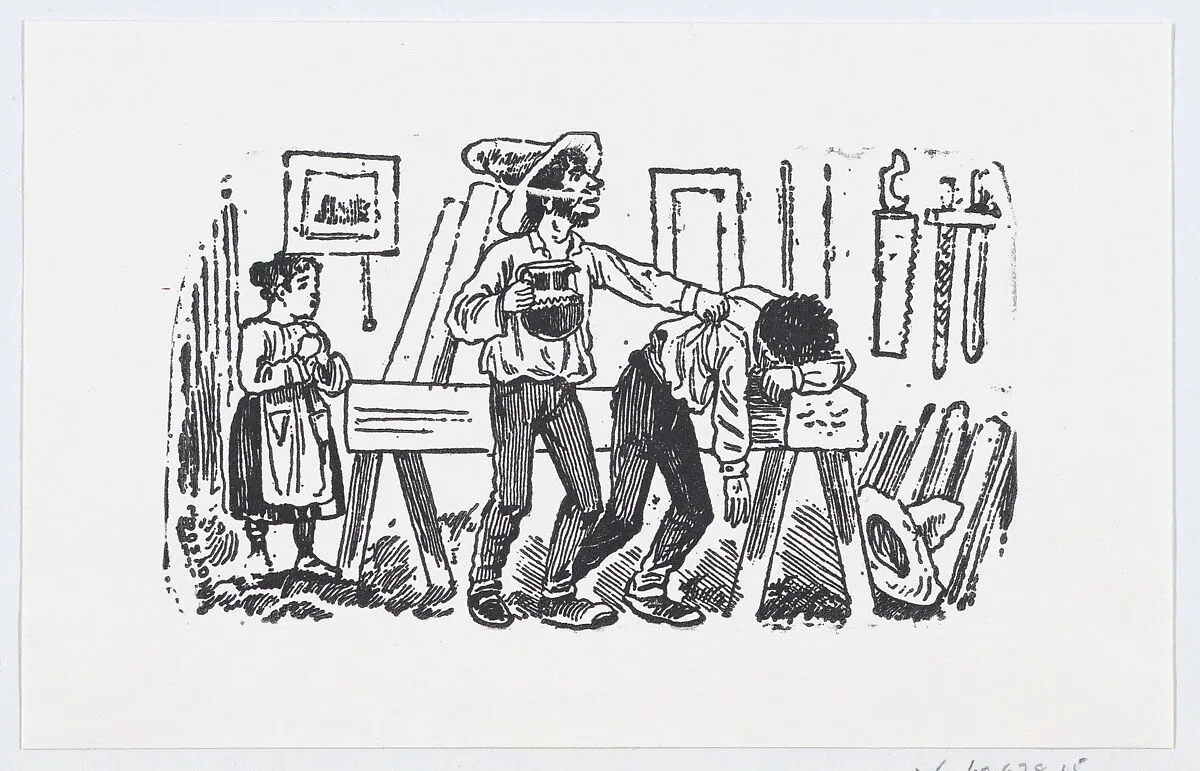 A man with a pitcher in his hand tapping the shoulder of another man resting on wooden beam — José Sanchez|José Guadalupe Posada