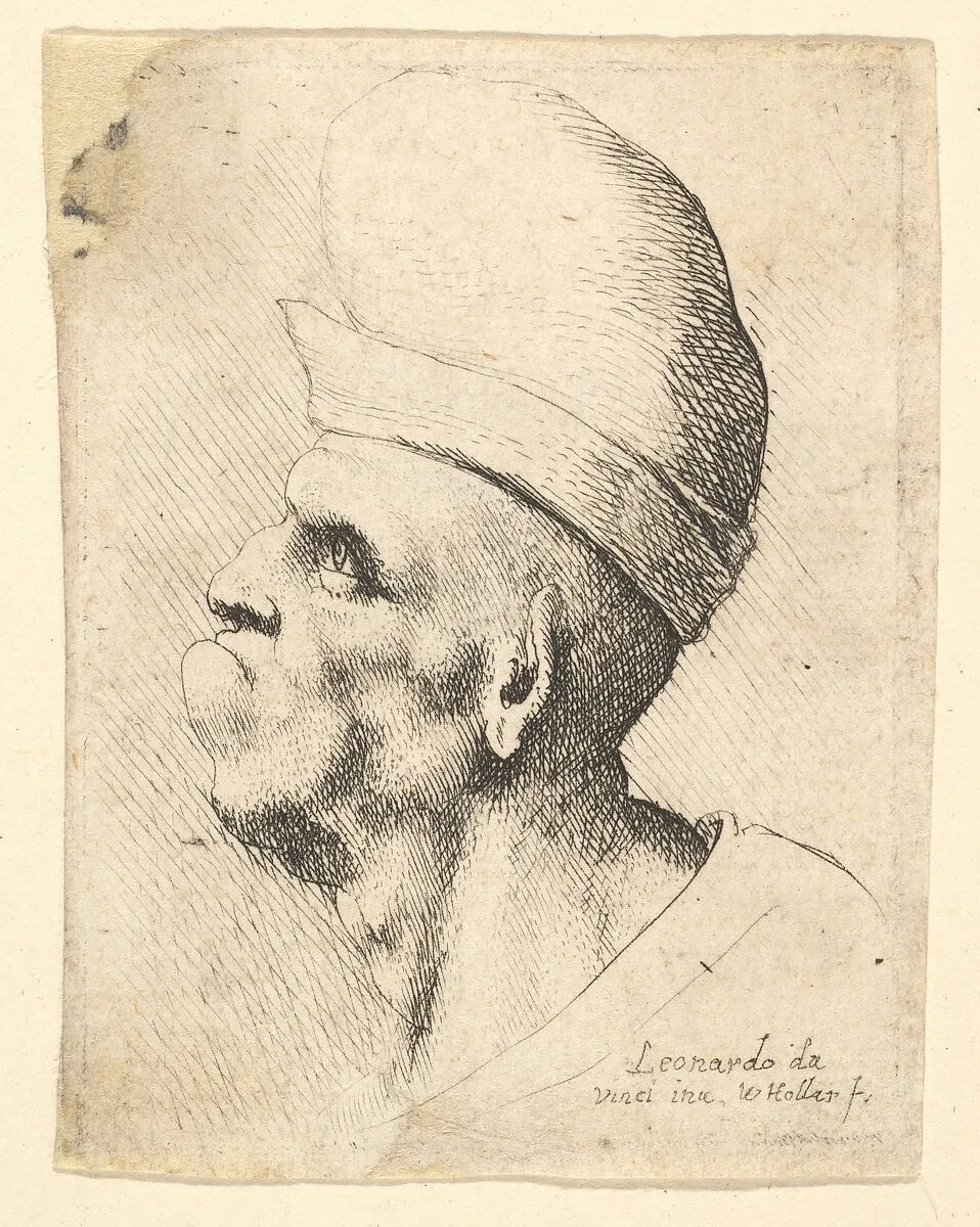 Bust of a deformed man wearing a bulbous hat in profile to the left — Leonardo da Vinci|Wenceslaus Hollar