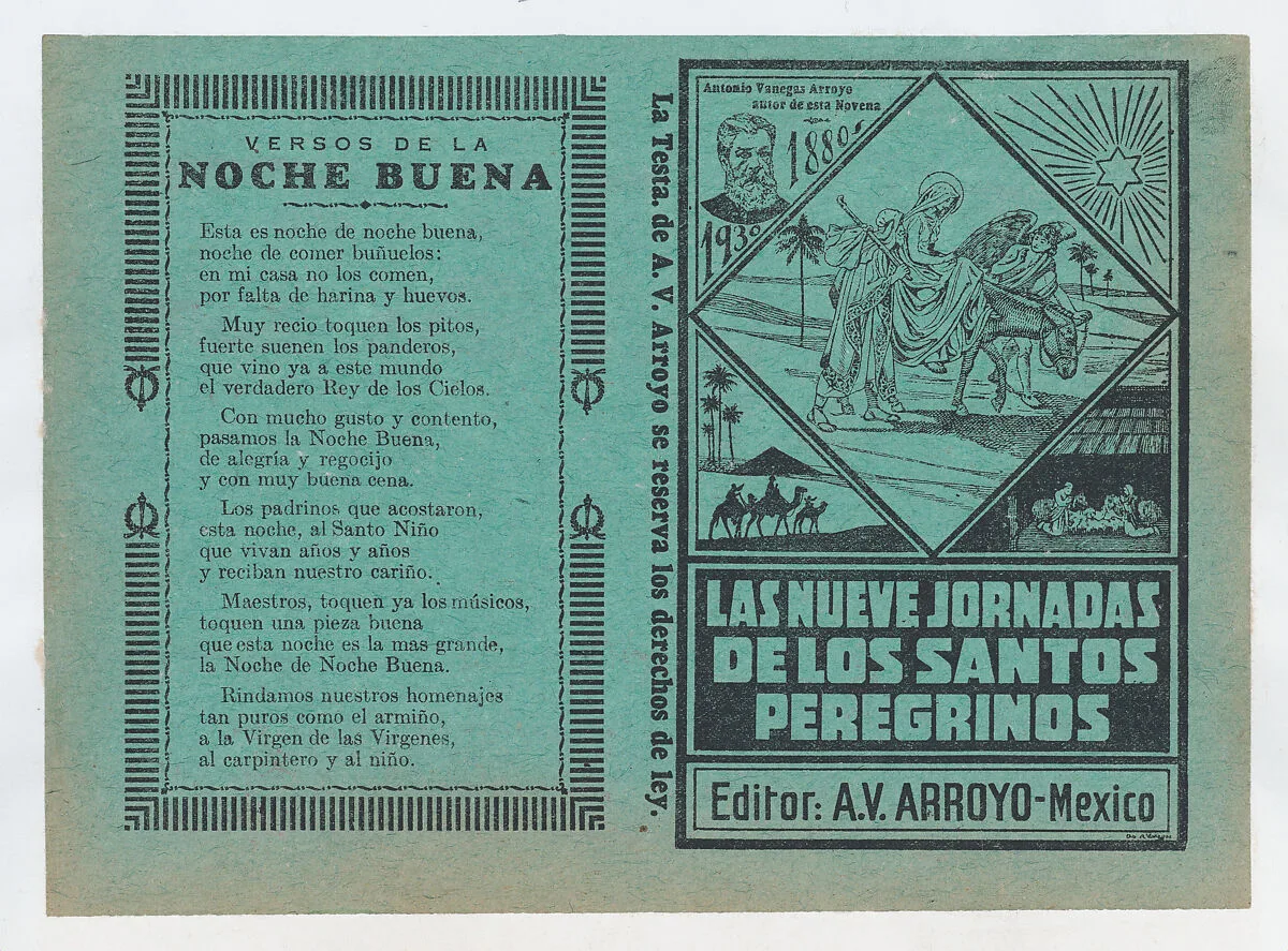 Cover for 'Las Nueves Jornadas de los Santos Peregrinos', Mary on horseback and Joseph being guided through Egypt by an angel — Antonio Vanegas Arroyo|José Guadalupe Posada