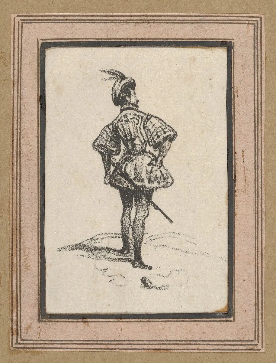 Man with sword and feathered hat, viewed from the back — Victor Adam