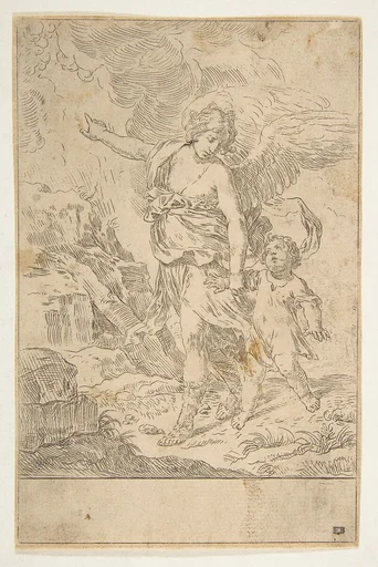 A guardian angel walking with a child