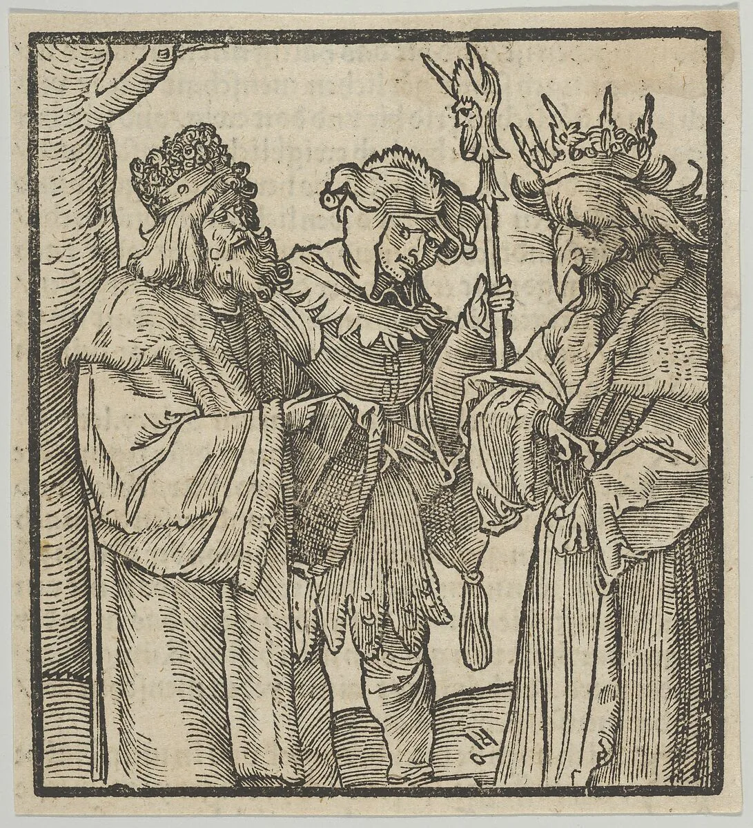 A Fool in the Service of the Devil and a Virtuous Man, from Hymmelwagen auff dem, wer wol lebt... — Hans Schäufelein|Hans von Leonrodt|Silvan Otmar