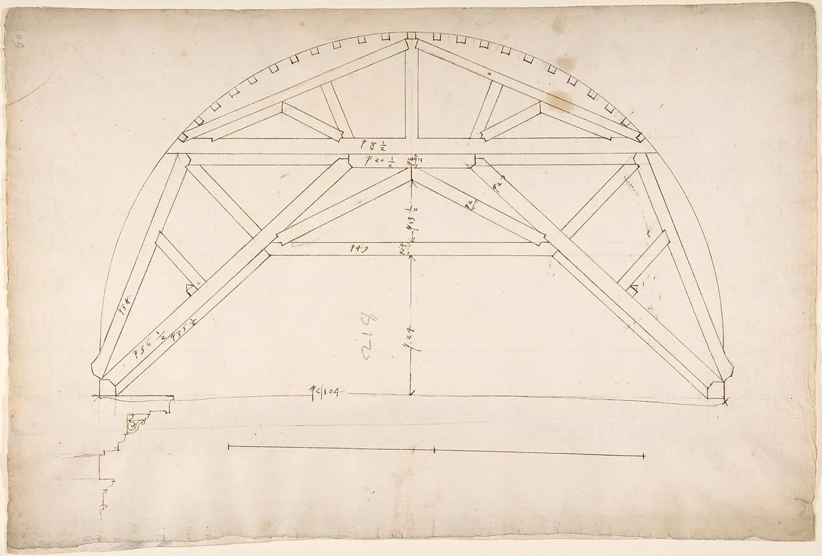 St. Peter's, centering truss, tunnel vault, section (recto) blank (verso) — Anonymous, French, 16th century