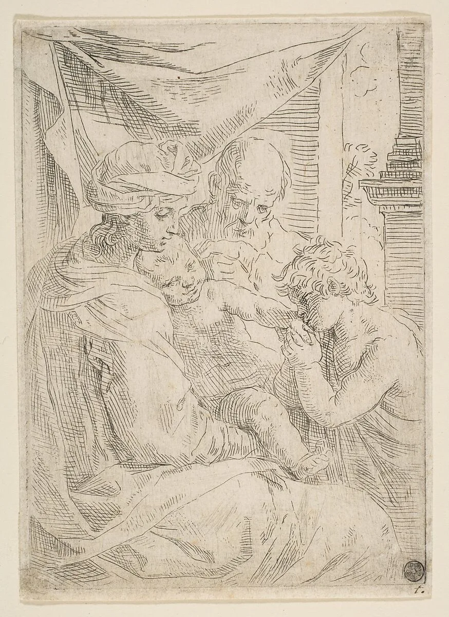 Holy Family with Saint John the Baptist kissing the infant Christ's hand — Simone Cantarini