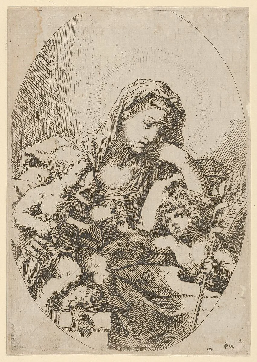 The Virgin with the Christ Child and the young Saint John the Baptist holding a bird at right, an oval composition, after Reni — Lorenzo Loli|Guido Reni