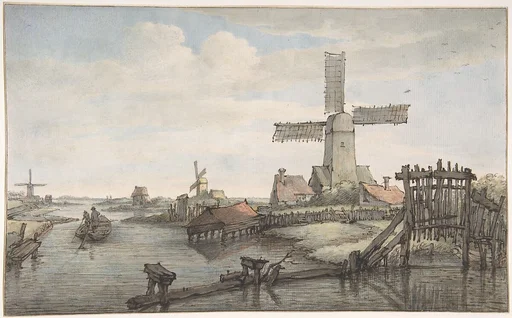 View of a Canal with Three Windmills