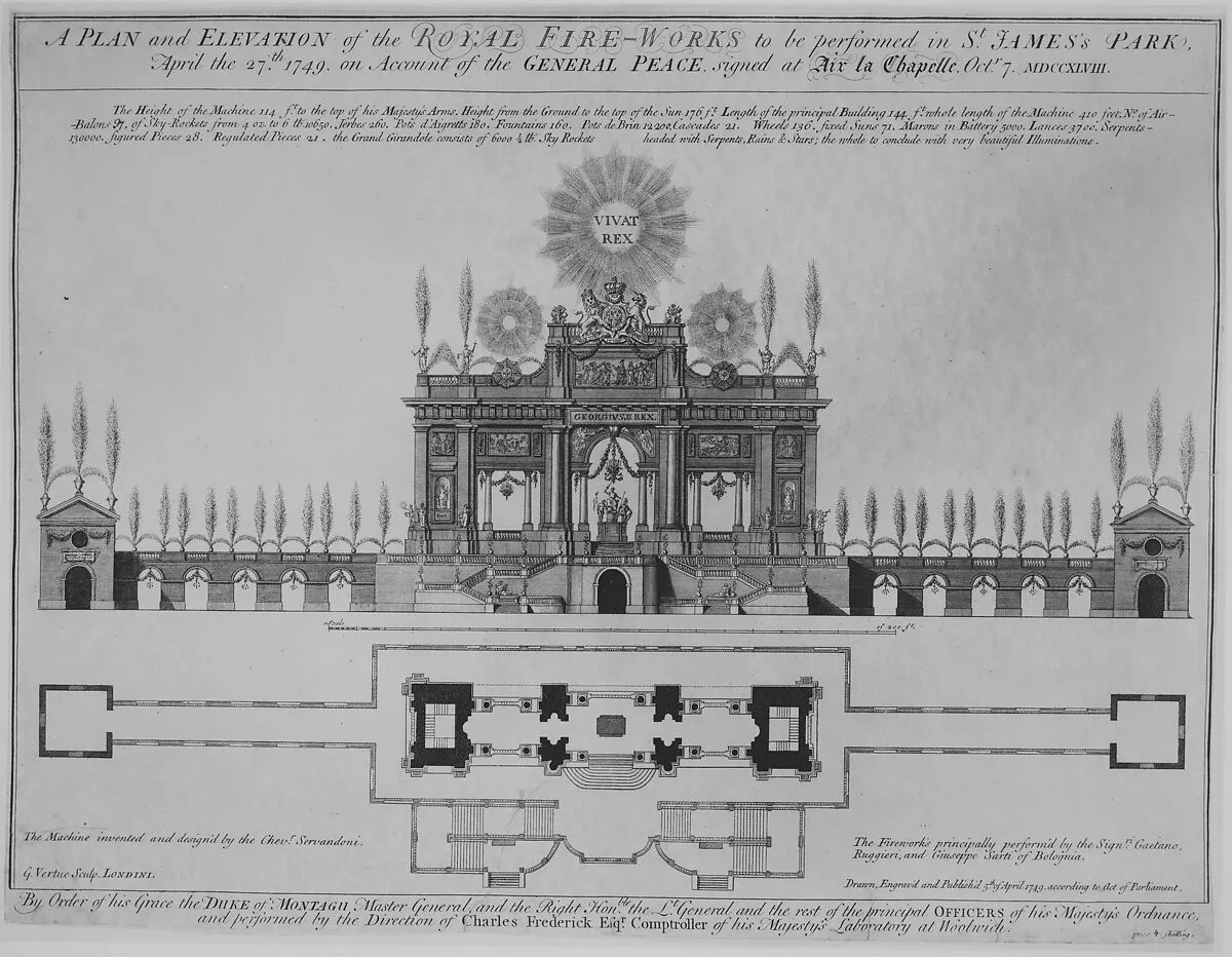 Peace of Aix-la-Chapelle: A Plan and Elevation of the Royal Fire-Works, London, 1749 — George Vertue|Jean Nicolas Servandoni