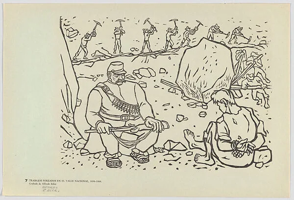 Plate 7: Mexican chaingang being forced to break rocks in a quarry in the Valle Nacional in Oaxaca, guarded by a rifle-bearing foreman, from the portfolio 'Estampas de la revolución Mexicana' (prints of the Mexican Revolution) — Alfredo Zalce|Taller de Gráfica Popular