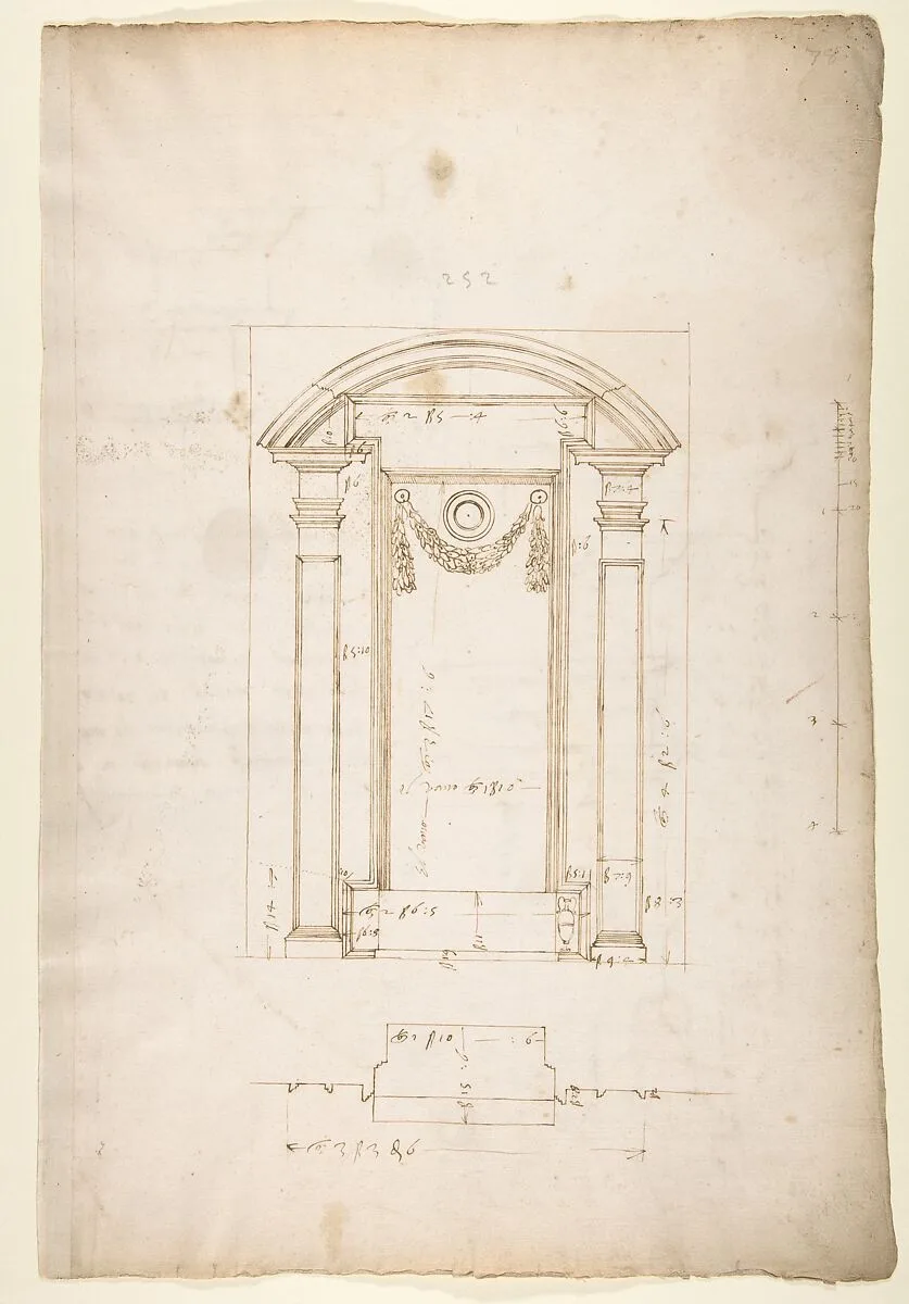San Lorenzo, New Sacristy, niche frame, tabernacle, plan and elevation (recto) San Lorenzo, New Sacristy, entablature, cornice, and base of niche, profiles (verso) — Anonymous, French, 16th century