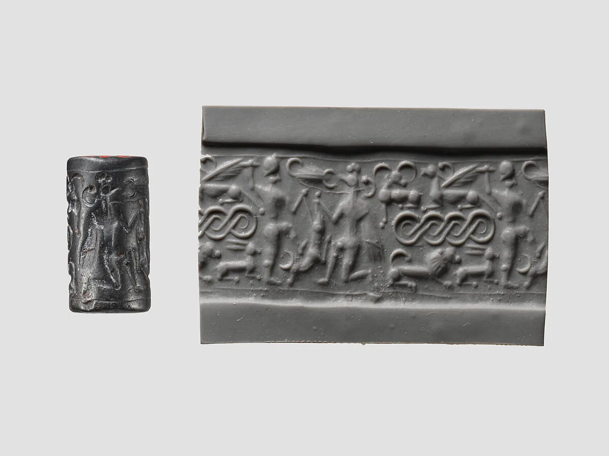 Cylinder seal and modern impression: male and griffin demon slaying animal; terminal: animal attack scenes, guilloche — Unknown
