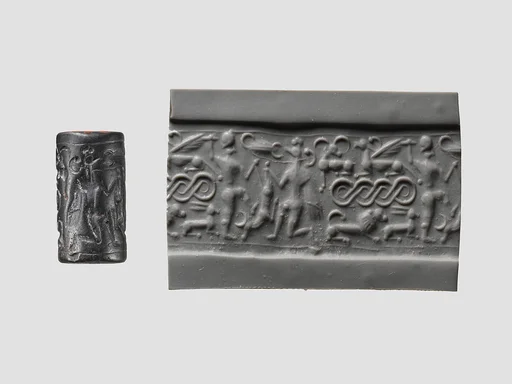 Cylinder seal and modern impression: male and griffin demon slaying animal; terminal: animal attack scenes, guilloche