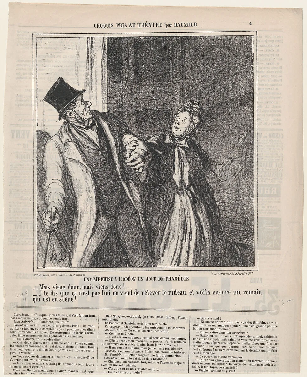 A misapprehension at the Odeon, on a day of drama, from 'Theater sketches,' published in Le Charivari, May 4, 1864 — Aaron Martinet|Destouches|Honoré Daumier