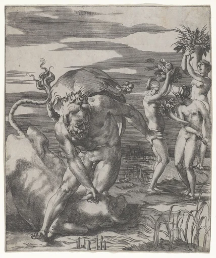 Hercules defeating the river god Acheolus in the form of a bull, with three women to his left holding cornucopias, from "Herculean Subjects"
