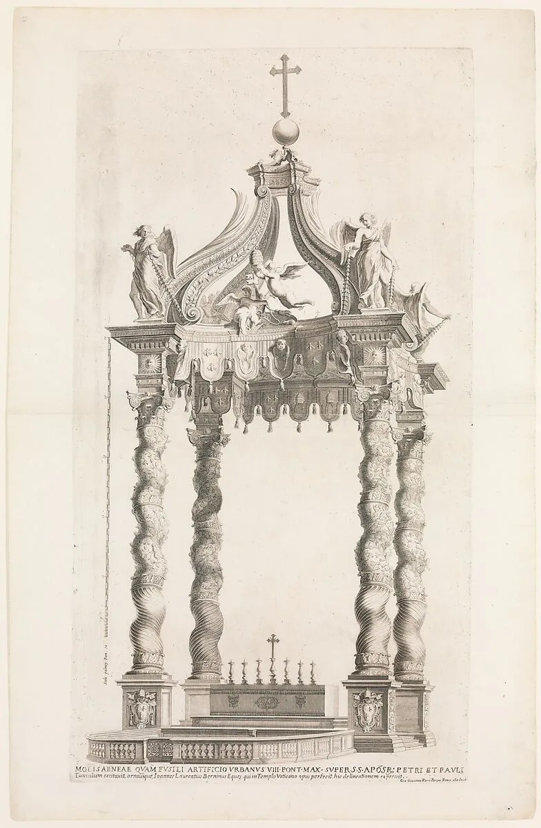 Isolated View of Bernini's Baldacchino. Plate 39 from the Album 'Basilica di S. Pietro in Vaticano' — Gian Lorenzo Bernini|Giovanni Giacomo De Rossi
