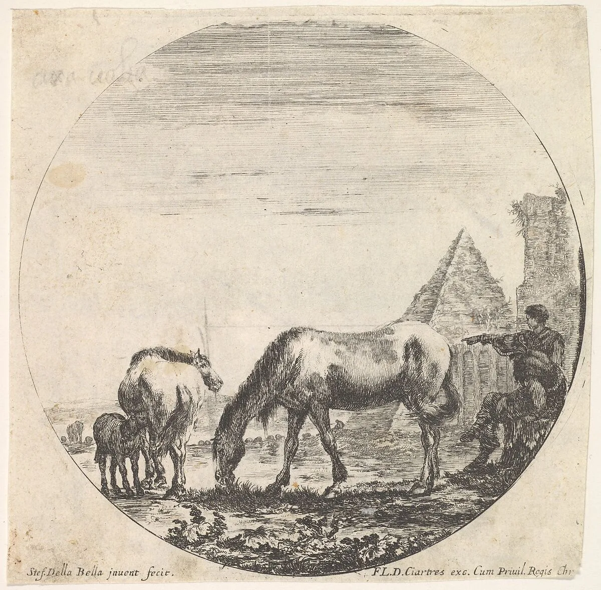 Plate 11: the pyramid of Caius Cestius to right in the background, a horse grazing in center, a foal suckling a mare to left, a seated shepherd and another standing and pointing towards the left at right, a round composition, from 'Roman landscapes and ruins' (Paysages et ruines de Rome) — Stefano della Bella|François Langlois