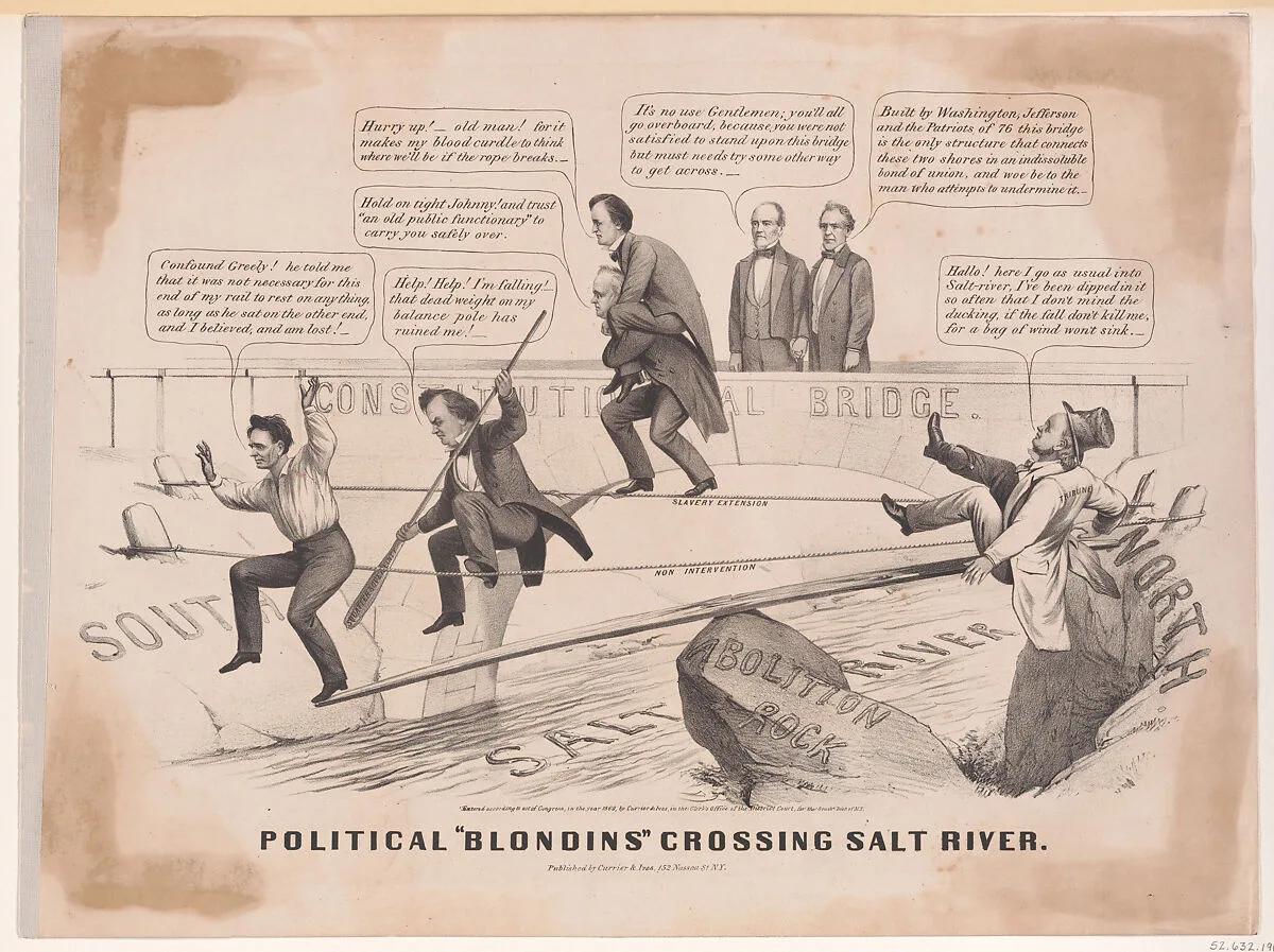 Political "Blondins" Crossing Salt River — Edward Everett|Stephen Arnold Douglas|John C. Breckinridge|Joseph Lane|Horace Greeley|Currier & Ives|John Bell|Abraham Lincoln