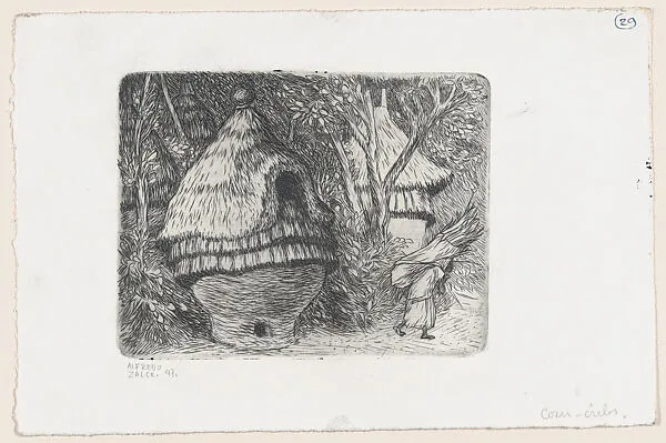Corn cribs (a type of granary) with a figure in the foreground — Alfredo Zalce