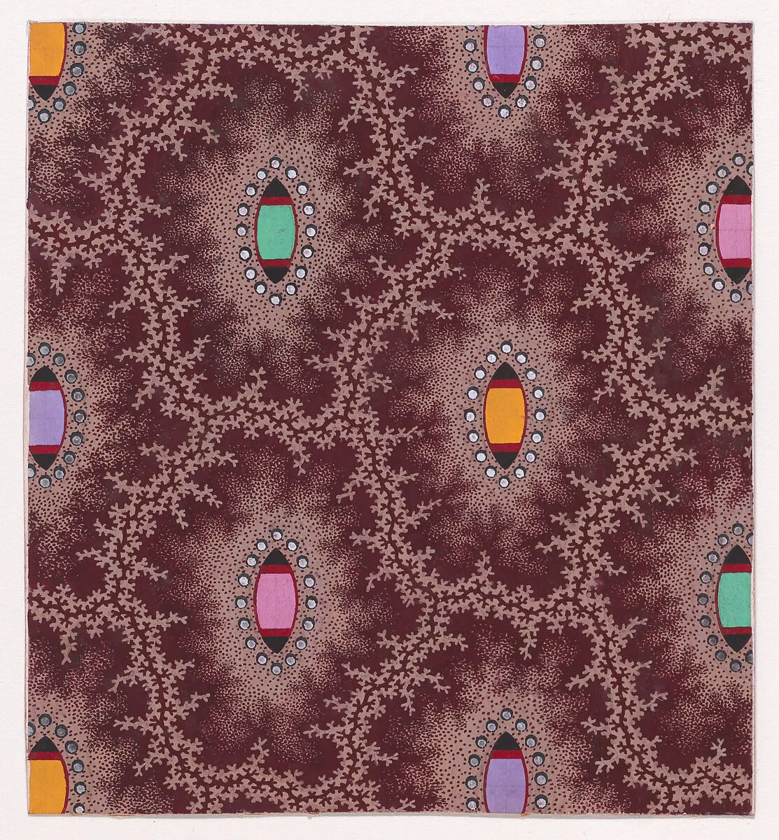 Textile Design with Alternating Vertical Rows of Shuttle Shapes and Pearls Framed by Interlacing Garlands of Branches — Anonymous, Alsatian, 19th century