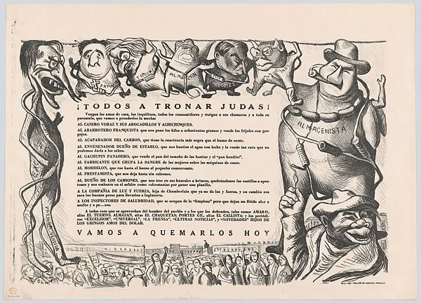Poster entitled 'Let's all burn Judas' referring to political betrayal in Mexico and that leaders should be burned as Judas-like traitors — Taller de Gráfica Popular|Raúl Anguiano|José Chávez Morado