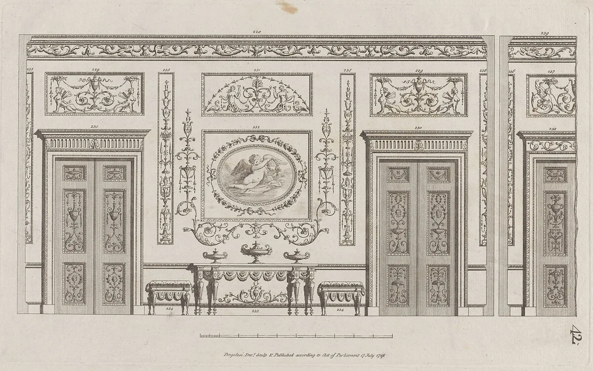 Interior Ornamented Wall with Doors, nos. 228–239, plate 42 from "Designs for Various Ornaments" — Michelangelo Pergolesi