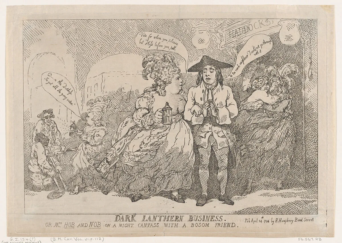 Dark Lanthern Business, or, Mrs. Hob and Nob On a Night Canvass With a Bosom Friend — Hannah Humphrey|Georgiana, Duchess of Devonshire|Lady Albinia Hobart, Countess of Buckinghamshire|Thomas Rowlandson