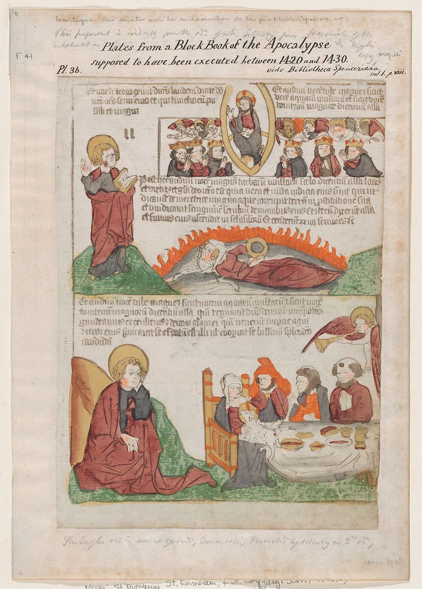 Song of Praise in Heaven over the Fall of the Whore of Babylon; The Wedding of the Lamb from an Apocalypse block book, 2nd edition — Anonymous, Netherlandish, 15th century