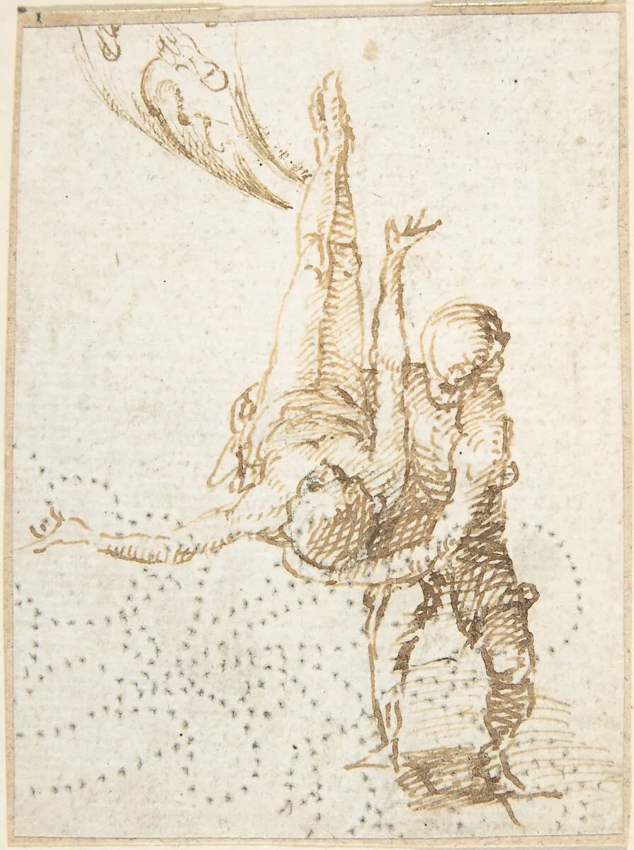 Scene of Martyrdom (Crucifixion of Saint Peter?) (recto); Fragment of Design for Ornamental Border (verso) — Anonymous, Spanish, School of Seville, 17th century
