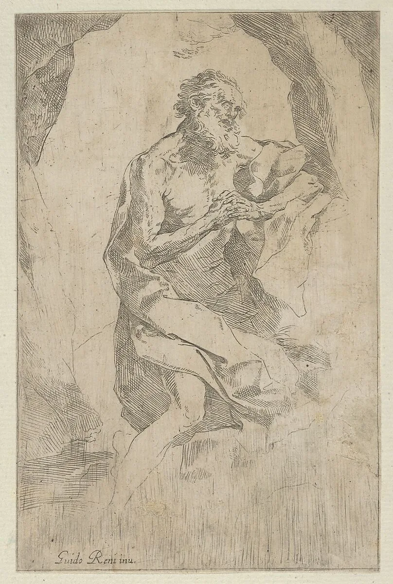 Saint Jerome kneeling on a rock in front of a cross and an open book facing right, after Reni — Guido Reni|Anonymous, 17th century