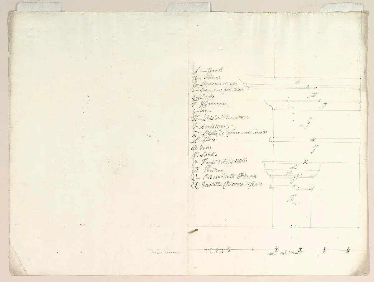 Blown-up Detail of Design in Elevation for Colonnade in the Doric or Tuscan Order (recto); Blown-up Detail of Column on Podium in Elevation — Anonymous, Italian, Piedmontese, 18th century