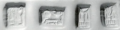 Stamp seal (cubical) with cultic scene, animals, and divine symbols — Unknown