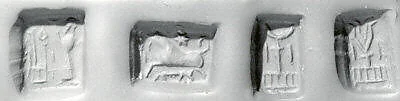Stamp seal (cubical) with cultic scene, animals, and divine symbols