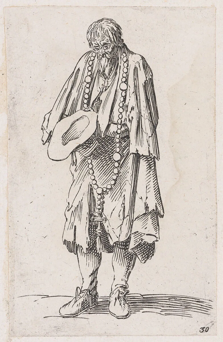 Reverse Copy of Le Mendiant au Rosaire (The Beggar with a Rosary), from Les Gueux suite appelée aussi Les Mendiants, Les Baroni, ou Les Barons (The Beggars, also called the Barons) — Jacques Callot|Anonymous