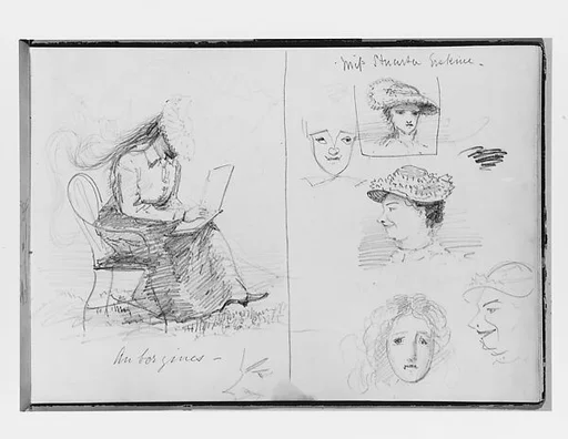 Woman Sketching, Various Portrait Studies (from Switzerland 1870 Sketchbook)