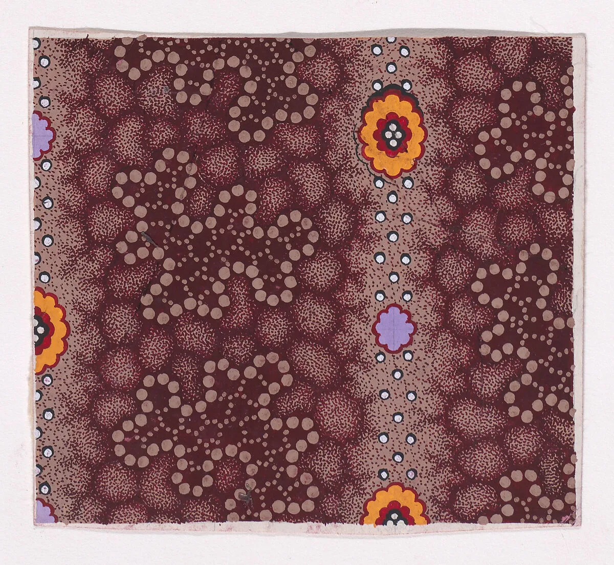 Textile Design with Alternating Vertical Strips of Amoeba Figures and Vertical Garlands Decorated with Rosettes and Pearls Over a Honeycomb Pattern Background — Anonymous, Alsatian, 19th century