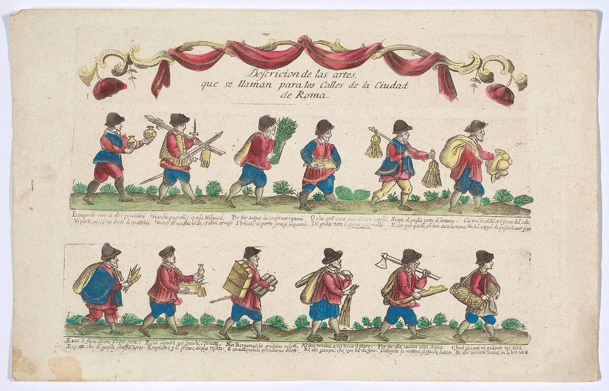 Title and plate 1 depicting the cries (trades) of Rome, here including vendors of goldfish, Milanese swords, hats etc, from the 'Descrición de las artes que se llaman para los calles de la ciudad de Roma' — Giovanni Ambrogio Brambilla|Remondini