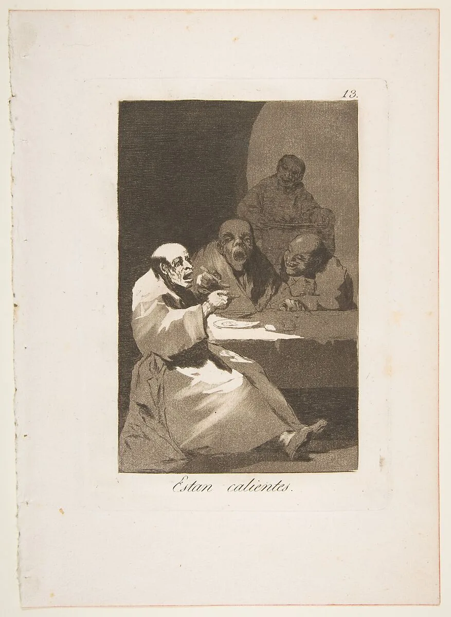 Plate 13 from "Los Caprichos": They are hot (Estan calientes) — Goya (Francisco de Goya y Lucientes)