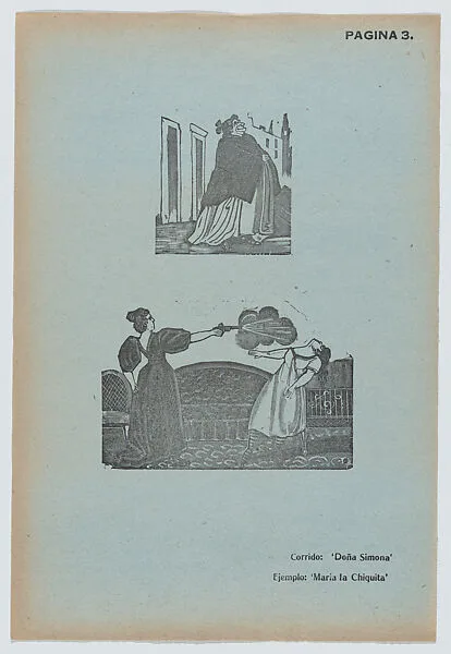 Page 3: scene from a ballad 'Doña Simona' and another scene of a woman shooting a girl, from '36 Grabados' (Mexico, 1943) — Arsacio Vanegas Arroyo|José Guadalupe Posada