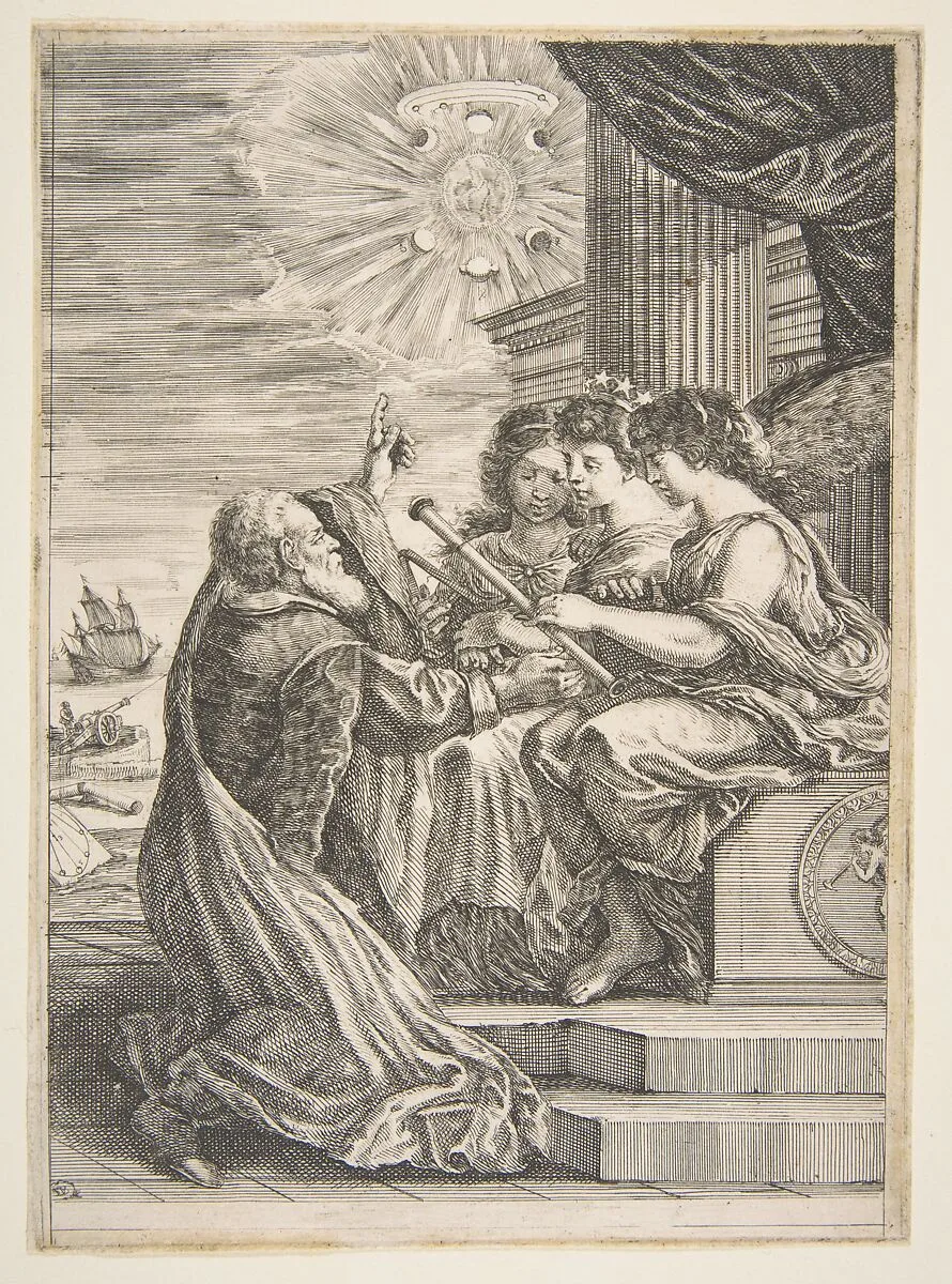 Galileo and personifications of Astronomy, Perspective and Mathematics, frontispiece for 'Opere di Galileo Galilei' — Stefano della Bella|Galileo Galilei